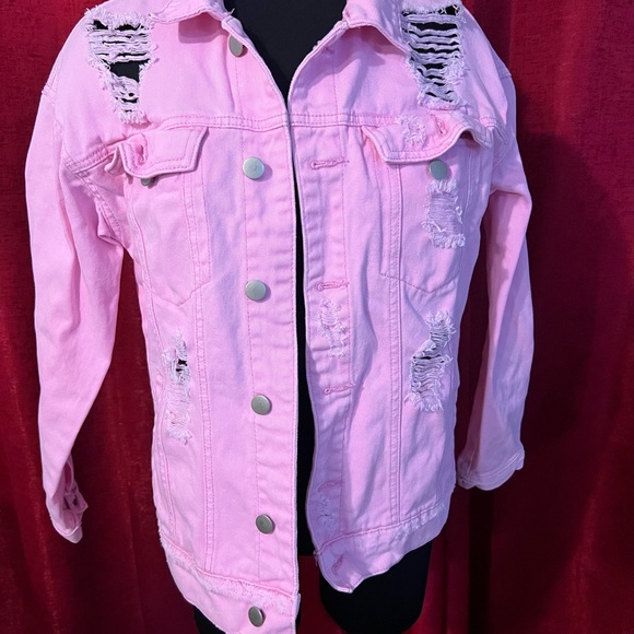 Forever 21-pink distressed denim jacket, size small, gently worn - Picture 1 of 6